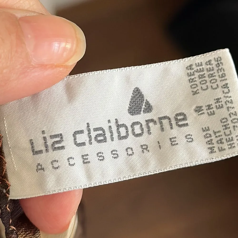 Vtg very large Liz‎ Claiborne brown, gold & cream polyester scarf/ key print